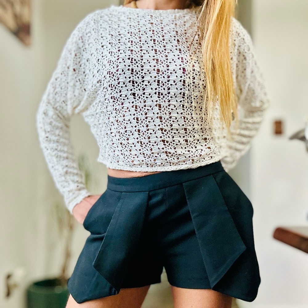 Zara Basic Dolman Crochet Crop Top & Black Origami Envelope Skort Shorts Set